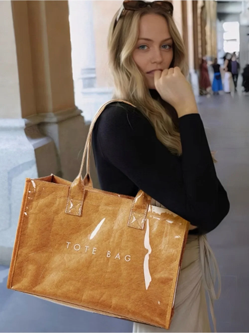 Tan Tote Bag with Gloss Finish